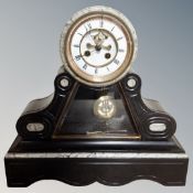 A Victorian black slate and marble drum head mantel clock with pendulum and key
