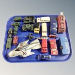 A tray of play-worn die cast vehicles including Lone Star Product army vehicles, Mettoy firebird,