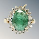 A yellow gold emerald diamond cluster ring, size N, 4.6g.