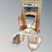 A gilt framed bevel edged mirror together with a pine triple dressing table mirror and three