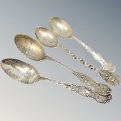 Four ornate silver scenic spoons for Virginia, Woodstock,,