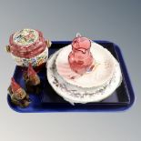 A tray containing Maling caddy, set of five Wade porcelain whimsies in original box,