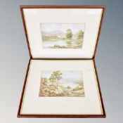 A pair of 20th century watercolours, lake scenes, indistinctly signed, in frame and mounts.