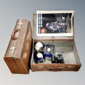 A box containing two vintage leather cases, two reproduction Nasa prints, Chokin vases etc.