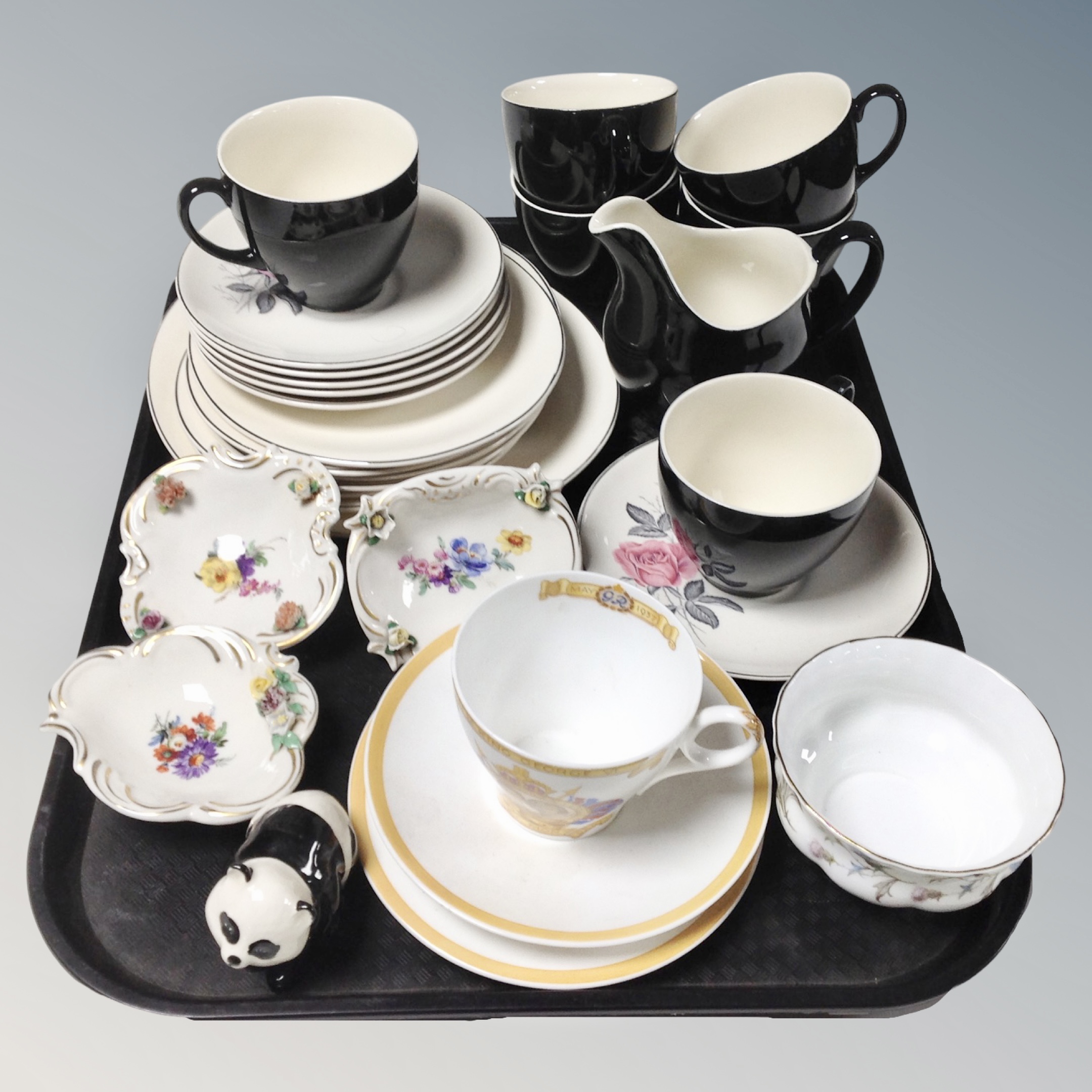 A tray of Johnson Brothers tea china, Royal Albert Brigadoon sugar bowl, Dresden porcelain dishes.
