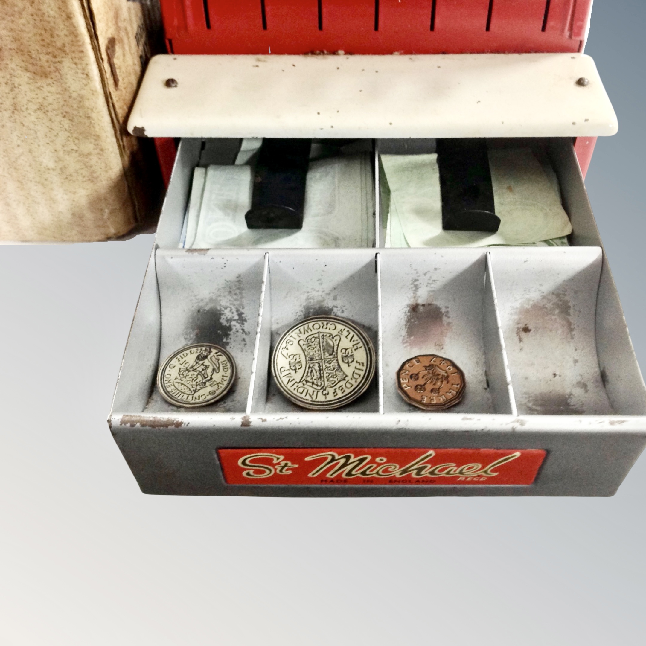 A vintage child's St Michael enameled cash register in original box. - Image 2 of 2