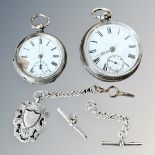 Two silver open-faced pocket watches, further silver fob, two T-bars.