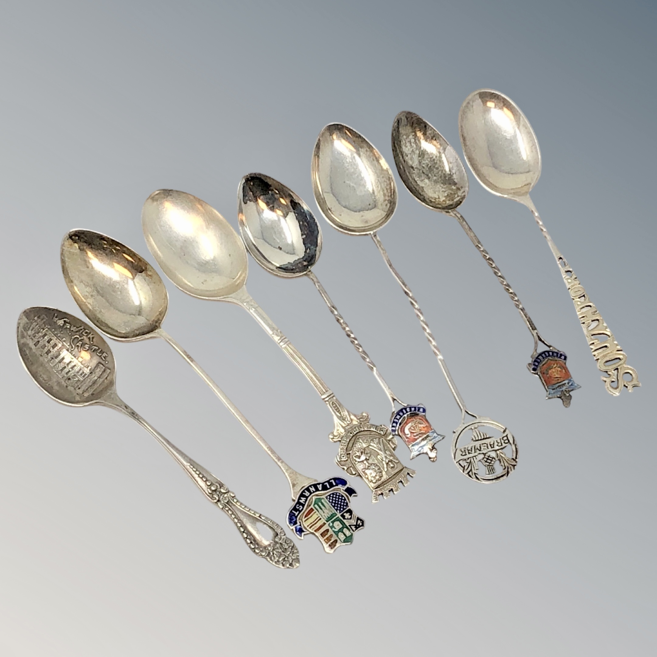 Seven silver spoons for Braemar, Southport, Windermere, Warwick Castle etc.