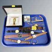 A tray of ladies and gents wrist watches including boxed ladies gold plated Monte Carlo quartz
