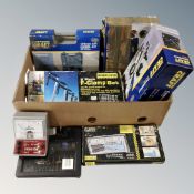A box containing power craft combi tool, chisel kit and jigsaw, all boxed, work zone clamp set,