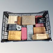 A crate containing a quantity of vintage and later trinket and table boxes.