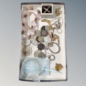 A box containing antique and later coins, swivel fob, ladies wrist watch, necklaces.