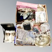 Two boxes containing assorted plated wares, dressing table brush set, glassware, candelabra etc.