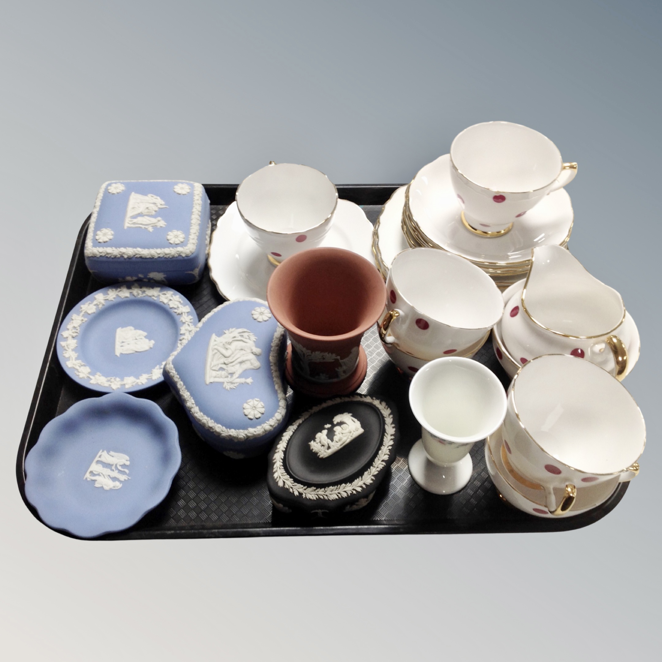 A tray of Wedgwood coloured Jasperware including trinket boxes and dishes and a quantity of Royal
