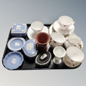 A tray of Wedgwood coloured Jasperware including trinket boxes and dishes and a quantity of Royal