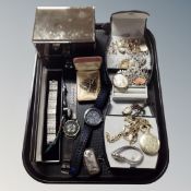 A tray of jewellery boxes containing costume jewellery, wristwatches, contemporary pocket watches,