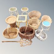Assorted bamboo and wicker plant stands, baskets, stool, carpet beater (12).