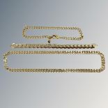 A gent's gold-plated flat link necklace, length 50cm, together with two further chains.