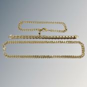 A gent's gold-plated flat link necklace, length 50cm, together with two further chains.