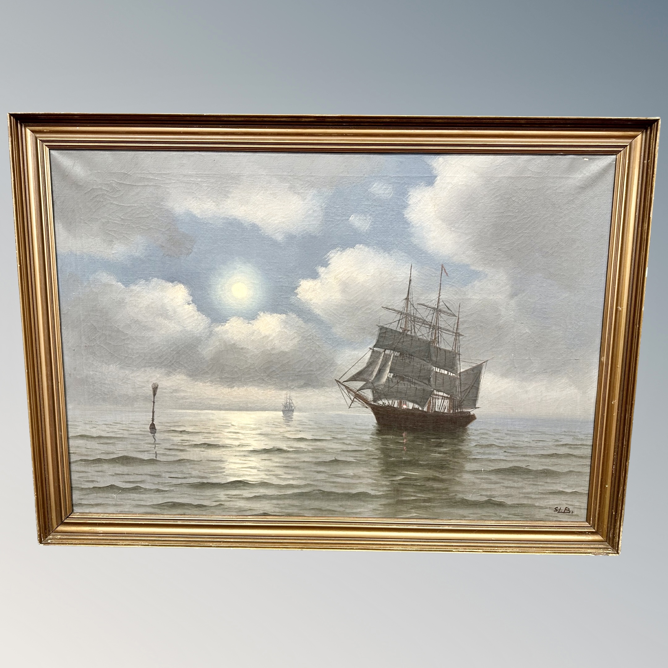 Continental School : Sailing ship in moonlight, oil on canvas,