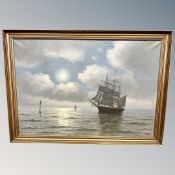 Continental School : Sailing ship in moonlight, oil on canvas,