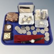 A tray containing ladies and gents wrist watches, assorted crowns, Rensie travel clock,