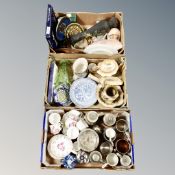 Three boxes containing assorted antique and later ceramics, beer steins, English teaware etc.