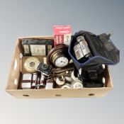 A box containing miscellanea to include petit point dressing table set, barometers, wall clock,