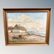 Continental School : Cottage by the coast with boats, oil on canvas,