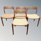 A set of four Danish Niels Moller Model 75 teak rush-seated dining chairs.