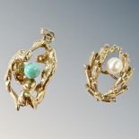 A turqouise-set 9ct gold pendant and a further pearl example.