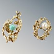 A turqouise-set 9ct gold pendant and a further pearl example.