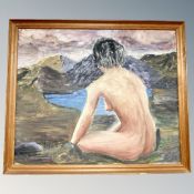 Continental School : A nude woman sitting on rocks, oil on board,