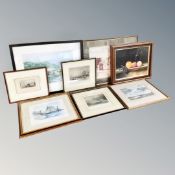 A box containing antiquarian and later pictures to include hand-coloured etchings of Cullercoats,