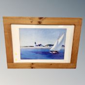 A contemporary print of a sailboat off a coastline, in a heavy pine frame, 110cm by 80cm overall.