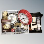 Two crates containing assorted 20th century and later wall desk and alarm clocks, carriage clocks,