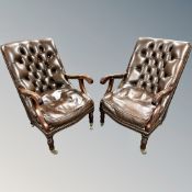 A good pair of William IV style library armchairs upholstered in buttoned amd studded brown leather,