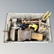 A crate containing assorted hand tools, woodworking planes, G clamps,