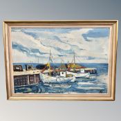 Continental School : Fishing boats moored on a jetty, oil on canvas,