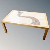 A Danish Haslev coffee table with inset panel 50 cm height, 80 cm x 130 cm top.
