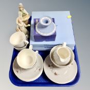 A tray of assorted boxed Wedgwood china plates, Wedgwood candlestick,