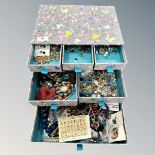 A box of contemporary costume jewellery to include bead necklaces, earrings, brooches,