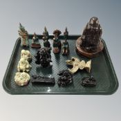 A tray of resin carved wooden brass and patinated metal Buddha and Eastern figures