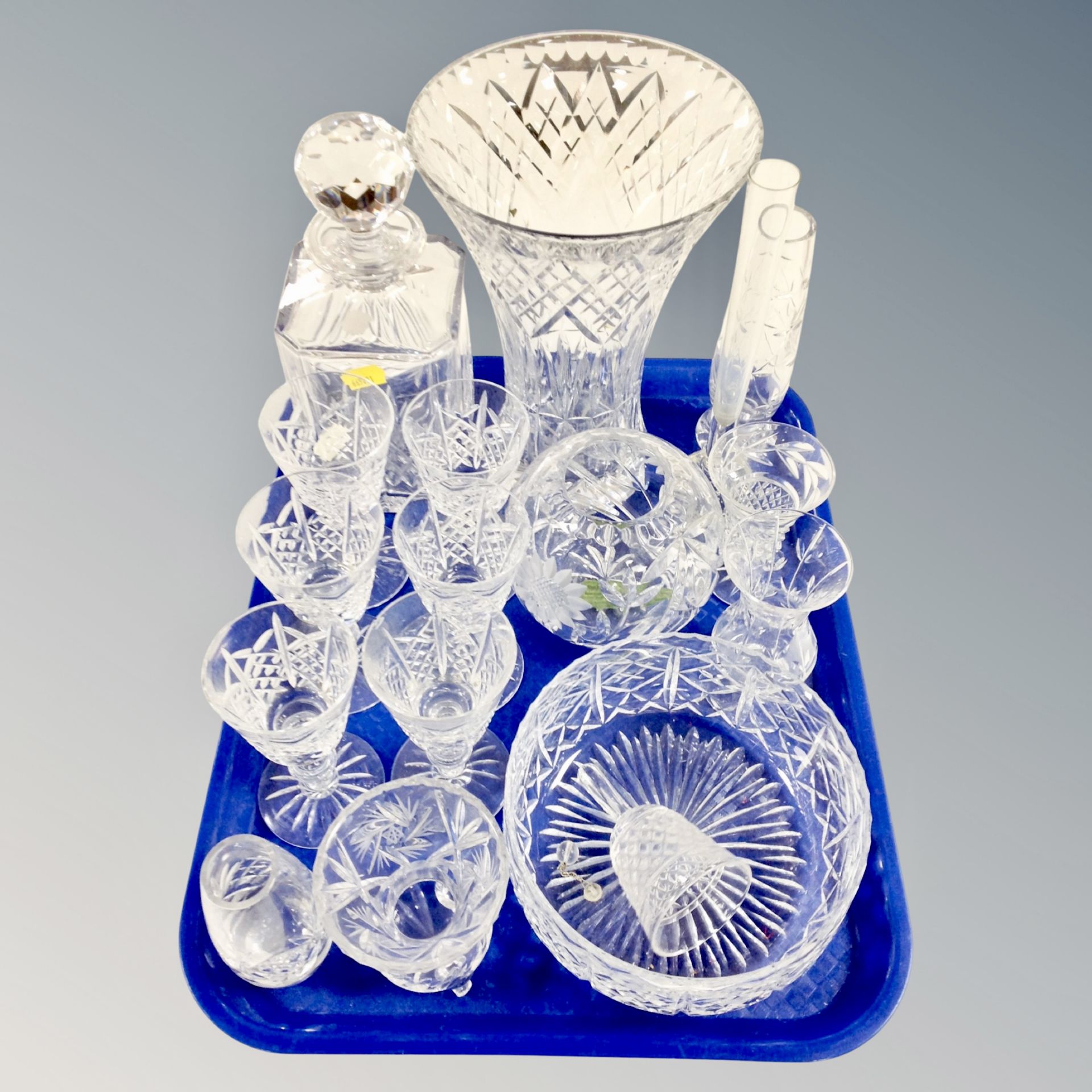 A tray of glass ware, crystal decanter, vases,