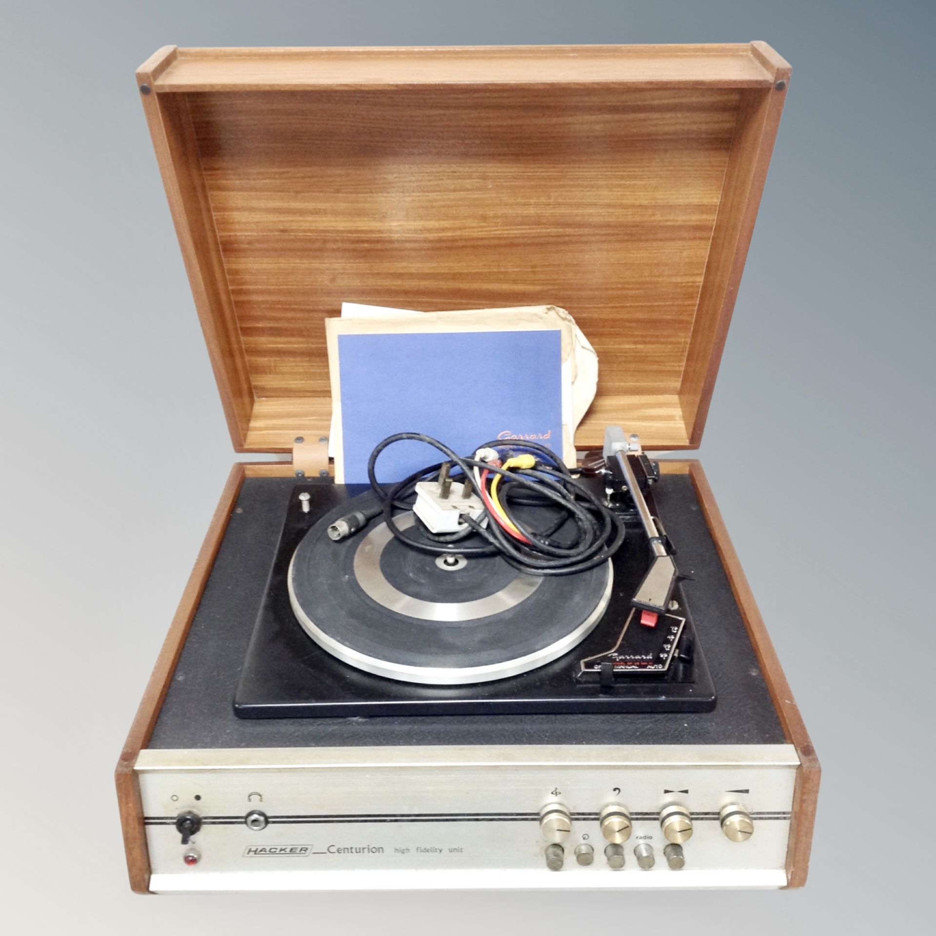 A mid century Hacker Centurion electric record player with Garrard SP/25/MA III turntable