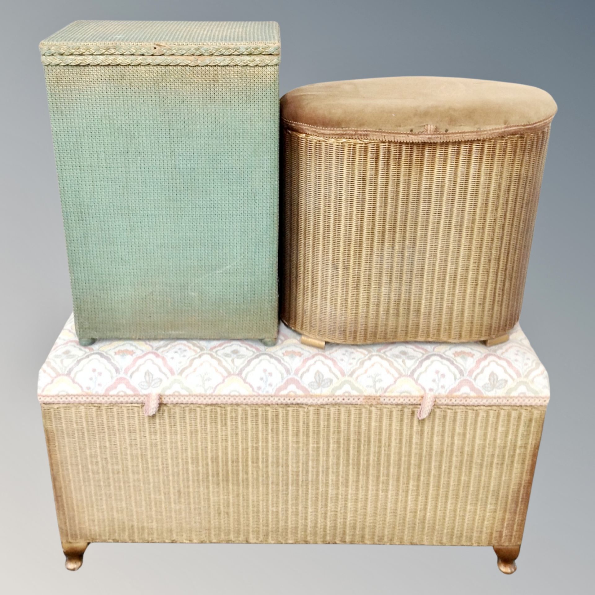 A 20th century gold loom blanket box together with a further loom storage stool and a linen box