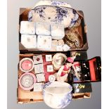 Two boxes of 19th century and later wash bowl & chamber pot, china dressing table sets,