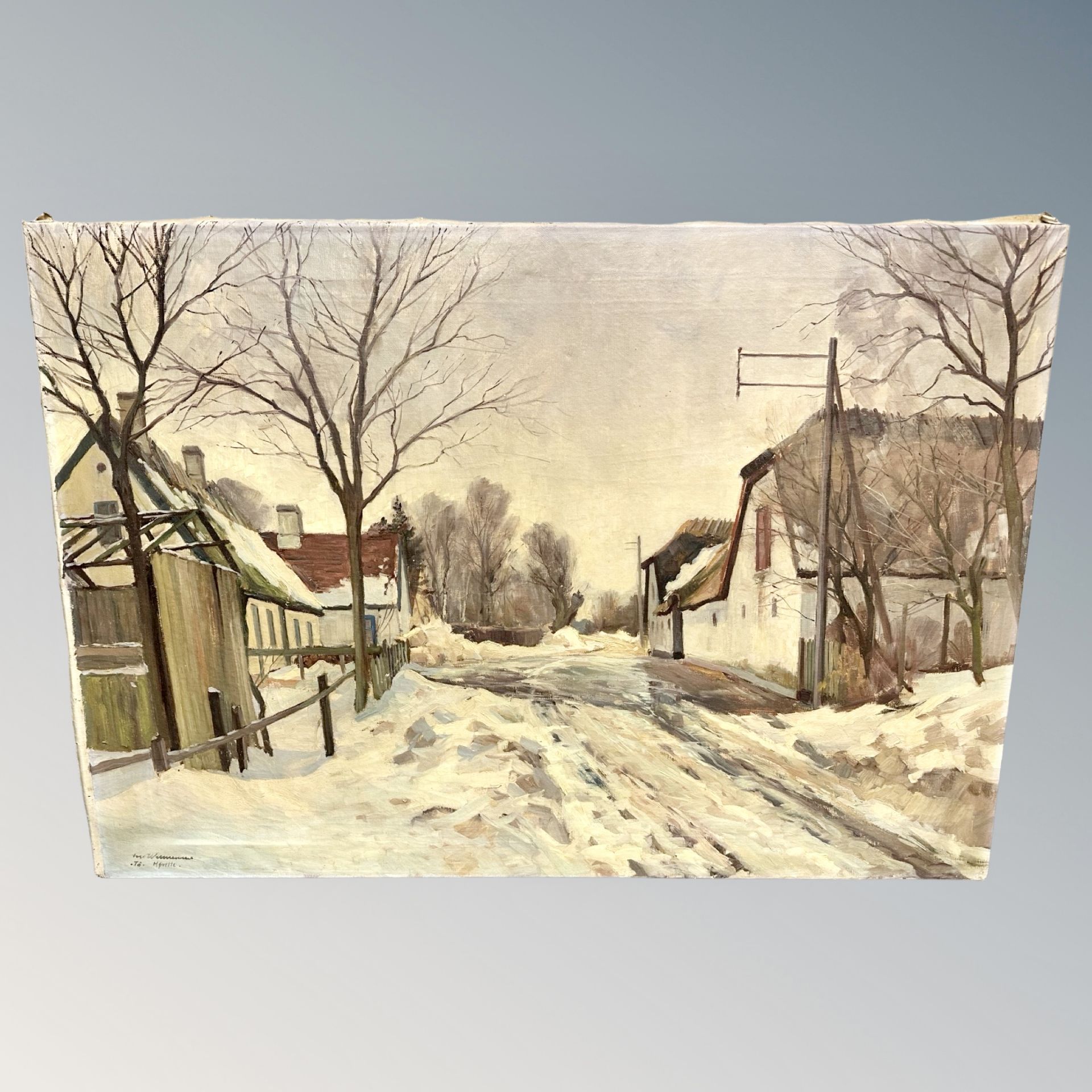 T Hovelte : Snow in a street, oil on canvas,