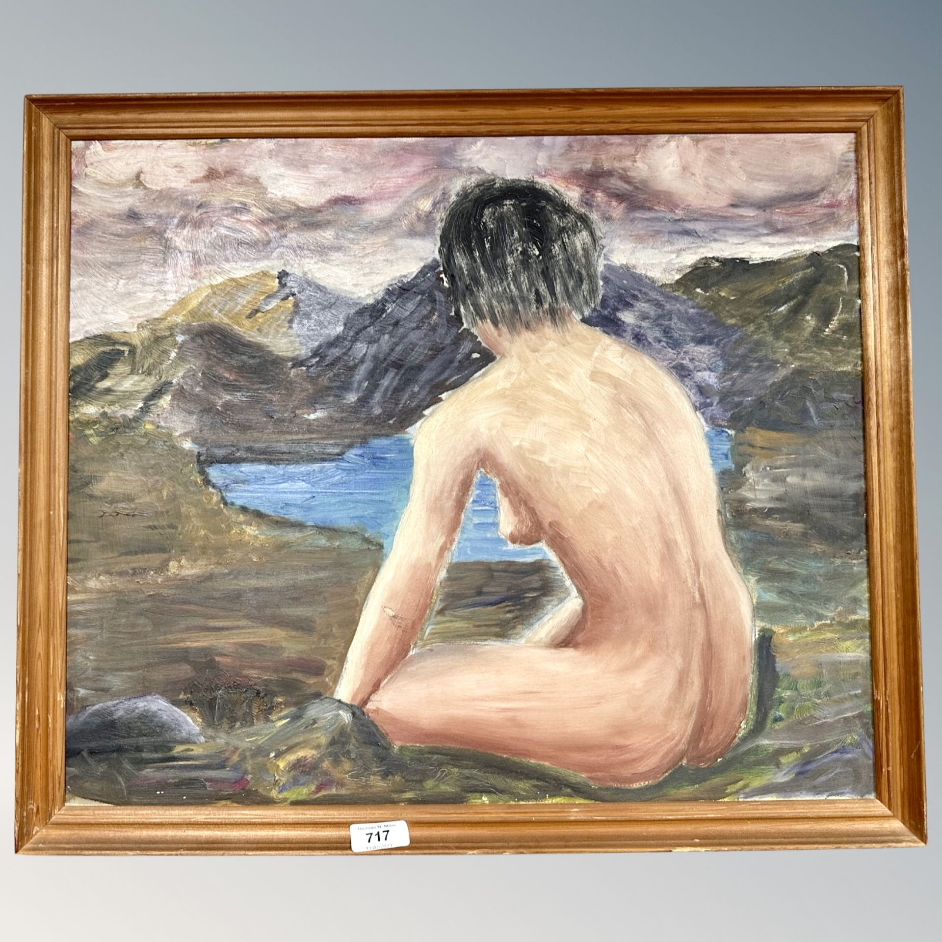 Continental school : A nude woman seated on rocks, oil on board,