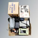 A box of vintage and later cameras, cine editor,